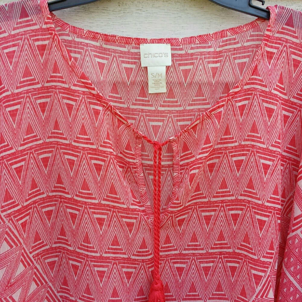Chico's Coral Print Tassel Tie Kaftan Tunic Top - Picture 5 of 11